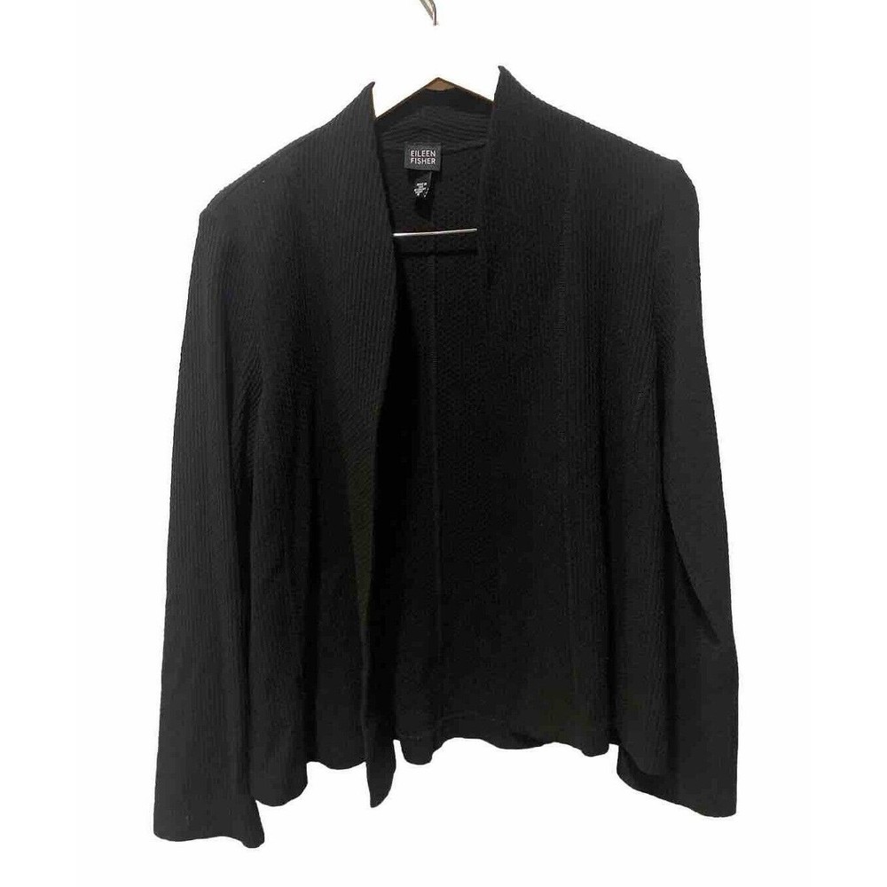 Eileen Fisher Black Waffle Knit Open‎ Front Cardigan Size Medium